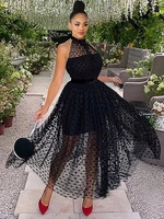 women black dress mesh polka dot see through sexy sleeveless summer pleated holiday party sheer summer large size lady robe gown