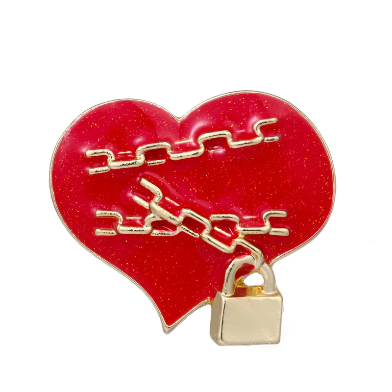 

Wuli&baby Chain Lock Heart Brooches Pins Enamel Red Black Love Party Office Brooch Fashion Jewelry Gifts