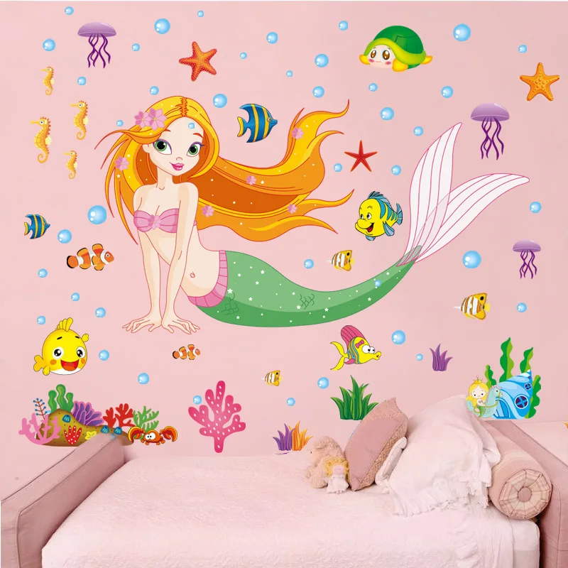 

Cartoon Mermaid Wall Decals for Kids Girls Room Bedroom Decoration Vinyl Wall Stickers Waterproof Removable Wallpapers