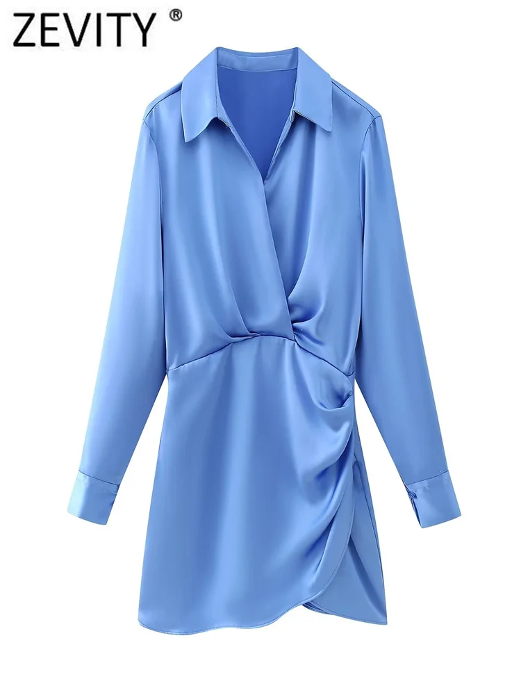 

Zevity женское модное однотонное мягкое атласное Плиссированное дизайнерское мини-платье-рубашка женское шикарное деловое повседневное ТРАПЕЦИЕВИДНОЕ ПЛАТЬЕ DS3508