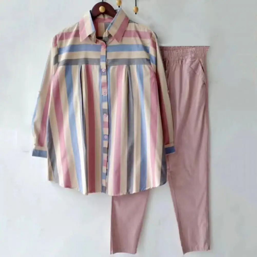 Костюм Женский свободного кроя в полоску рубашка и брюки контрастных цветов с