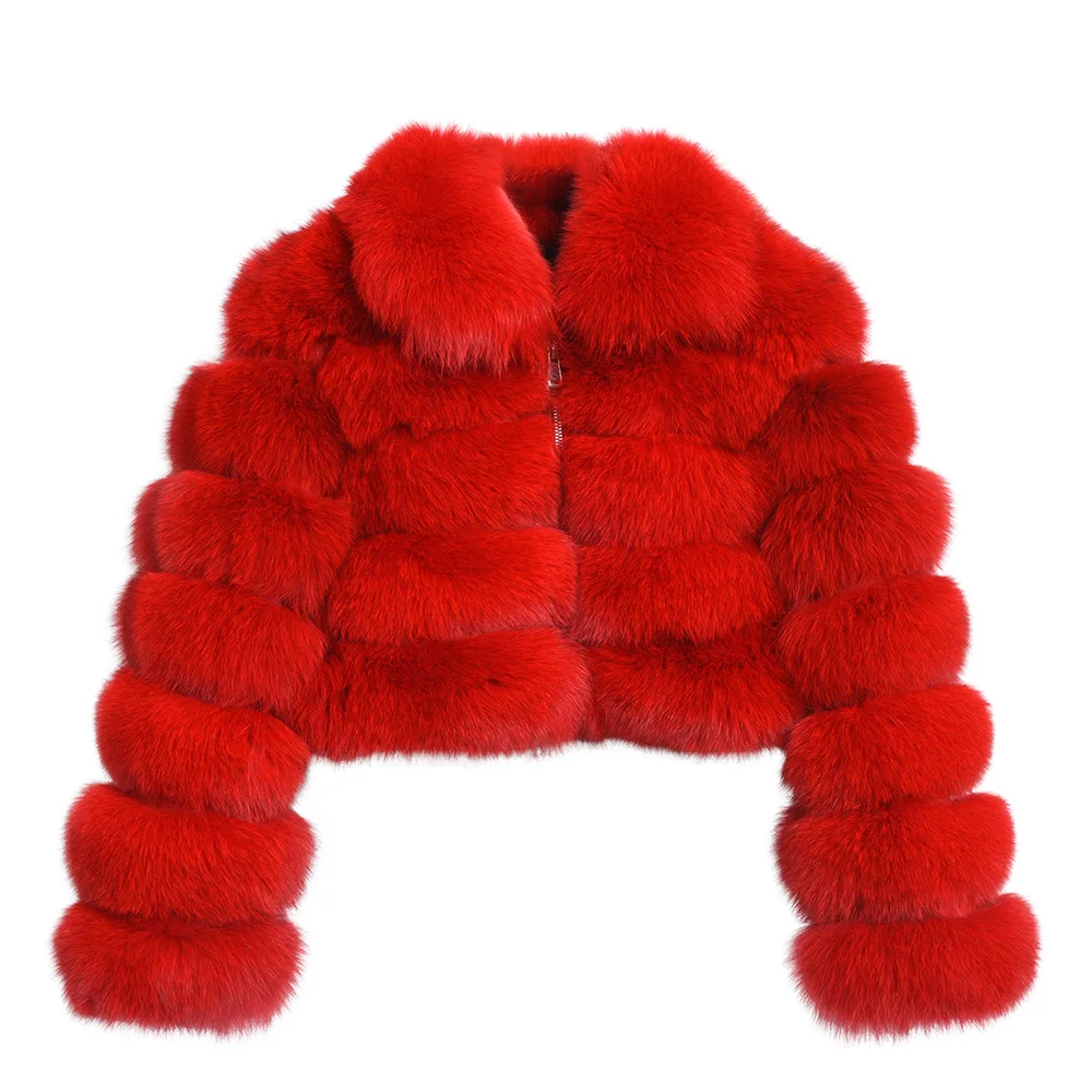Women's Real Fox Fur Short Jacket Winter Warm Thick Coat Fluffy Full Sleeve Soft Overcoat High Quality Fur Stand Collar Clothing