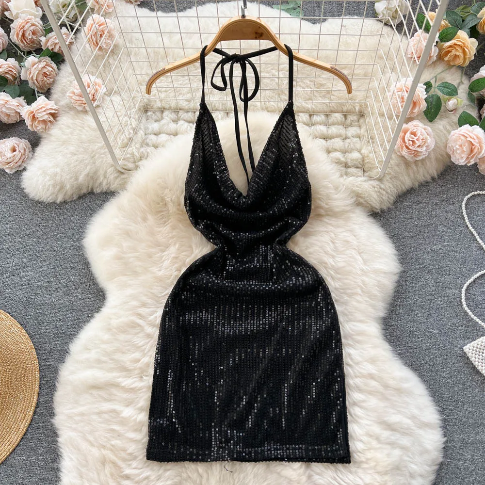 

Элегантные женские платья с блестками 2023, летнее модное мини-платье на шнуровке с лямкой на шее, сексуальное платье с открытой спиной без рукавов