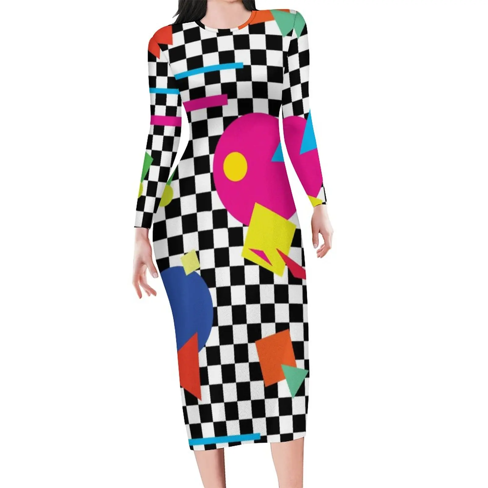 

Colorful Memphis Dress Long Sleeve Retro Shapes 1980s Cute Dresses Spring Ladies Street Style Graphic Bodycon Dress Big Size