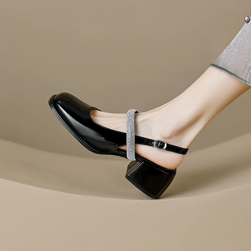 DIMANYU Women's Mary Jane Shoes Summer 2023 New Large Size 41 42 43 Square Toe Women Openwork Shoes Rhinestone Mid Heels Women