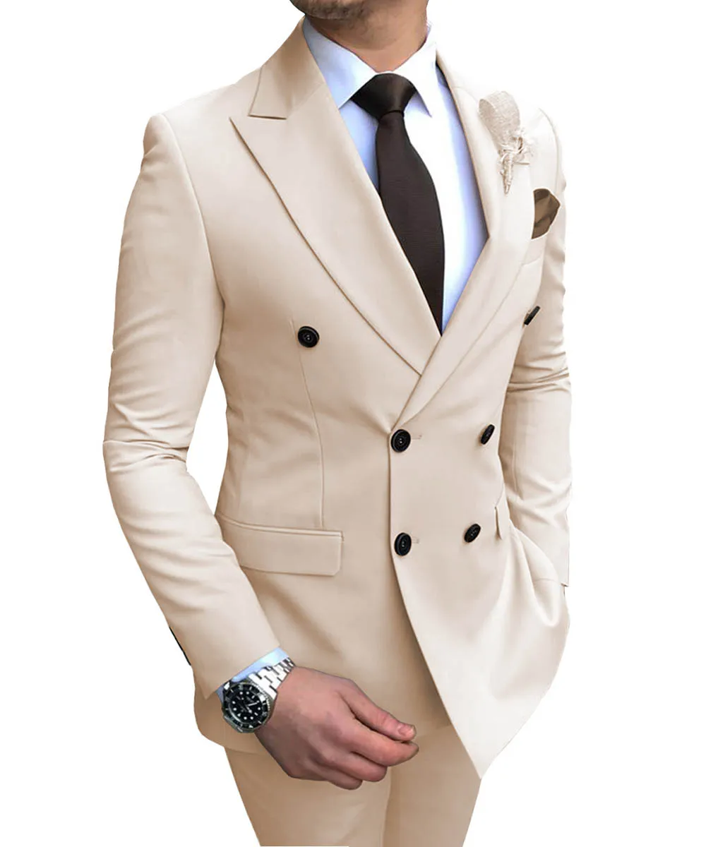 

Men 's 2 Pieces Double-breasted Notch Suit Lapel Flat Slim Fit Casual Tuxedos Wedding(Blazer+Pants ) For Man 2022 Beige