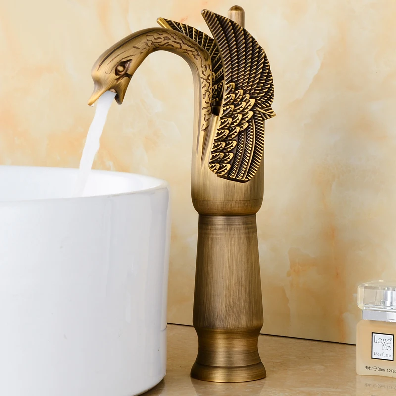 

Tall Antique Brass Carved Art Animal Swan Style Bathroom Sink Basin Mixer Tap Faucet One Hole Single Handle mnf177