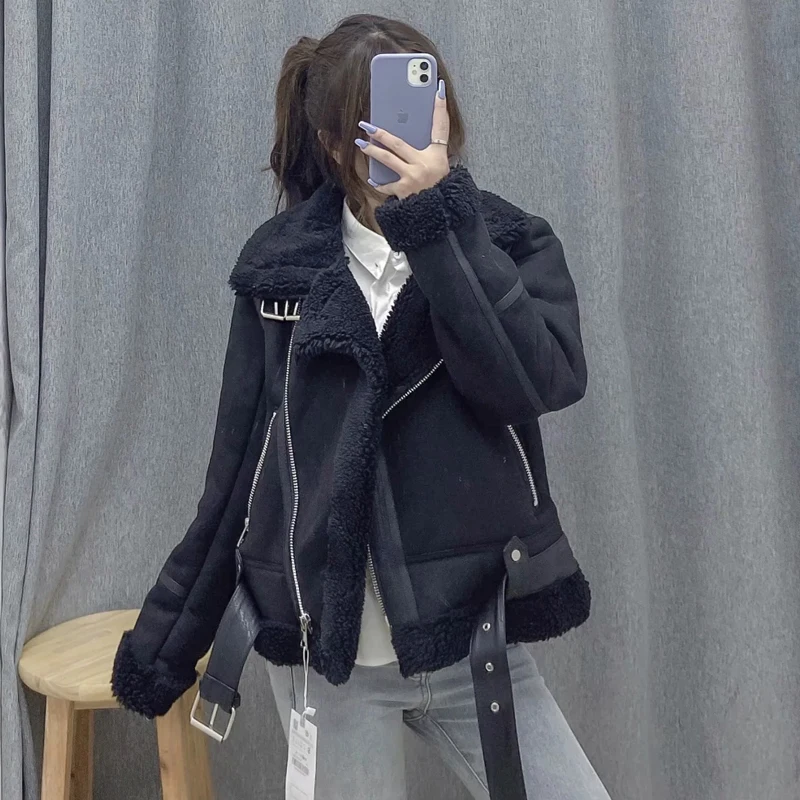 False Leather Suede Lamb Jacket Women Winter Thick Coat Zipper Locomotive Style Brown Turndown Collar Coat Outwear Loose Jackets