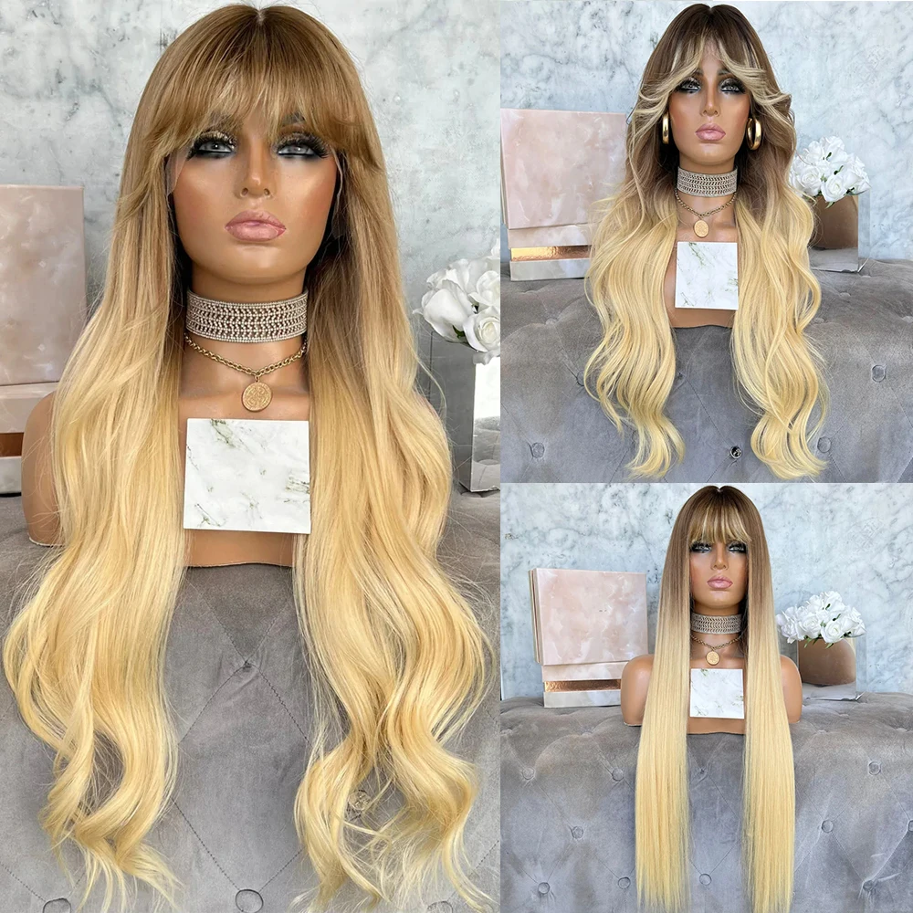 

Ombre Blonde Bangs Human Hair Lace Front Wig Body Wave13X6 Lace Frontal Wavy Wigs with Fringe Glueless Brazilian Remy Baby Hairs