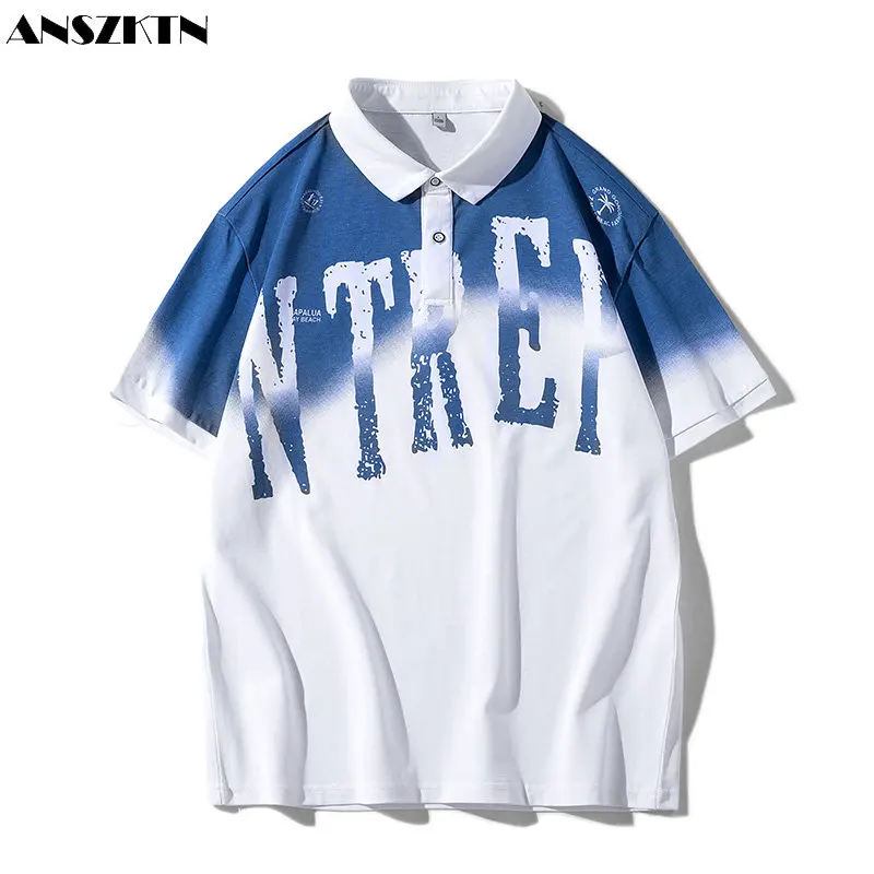 

ANSZKTN White background Flat 100% cotton men's summer trend loose clothes lapel POLO shirt short sleeve T-shirt