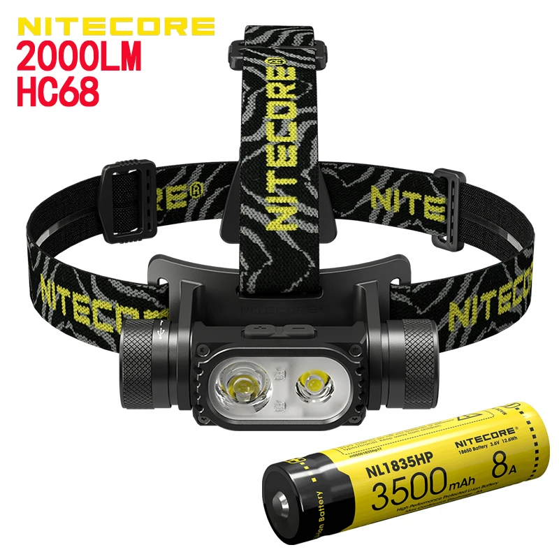 NITECORE HC68 Высокопроизводительный двухлучевой фокусирующийся светодиодный фонарь для головы + аккумулятор NL1835HP для открытого кемпинга.
