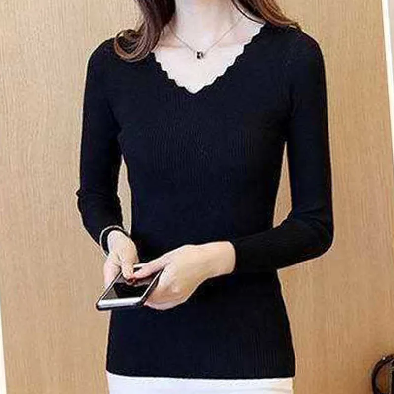 

Solid Color Pleated Wavy Big V-Neck Women'S New Comfortable Autumn Long-Sleeved All-Match Bottoming Fashion Slim Knitted Sweater