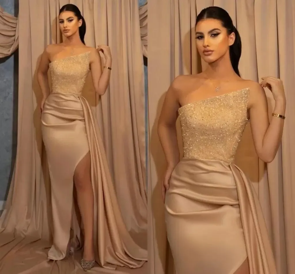 

Sparkly Sequin One Shoulder Prom Dresses Sexy Long Sleeveless Glitter Mermaid Evening Gowns Satin High Slit Elegant Abendkleider