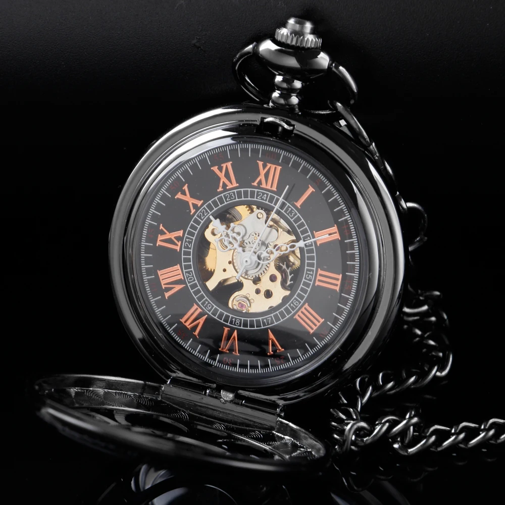 New Black Sculpture Pocket Watch Mechanical Men's Handwind Steam Punk Necklace Fob Watch Chain Roman Digital Clock Women's Men