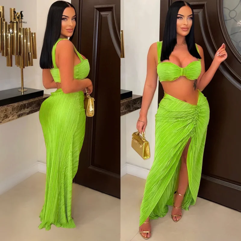

Sexy Women 2 Two Piece Set Bra and Skirts Outfits Club Party Beach Clothing 2023 Summer Hot Sweet Girl Pleated Suit