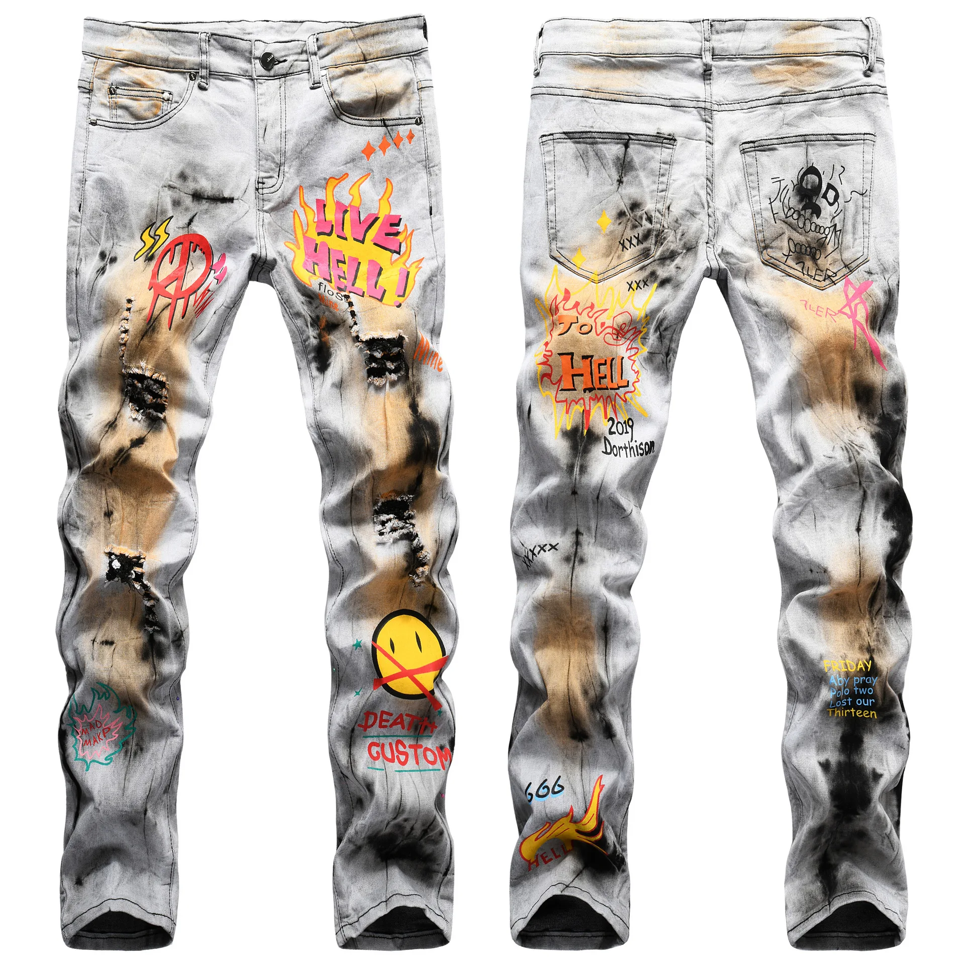 

New Hip Hop High Street Print Elastic Slim Fit Small Straight Leg Jeans Men's Fashion Casual Pants