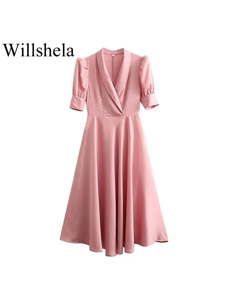 

Willshela Women Fashion Solid Side Zipper Midi Dress Vintage V-Neck Short Puff Sleeves Female Chic Lady Dresses