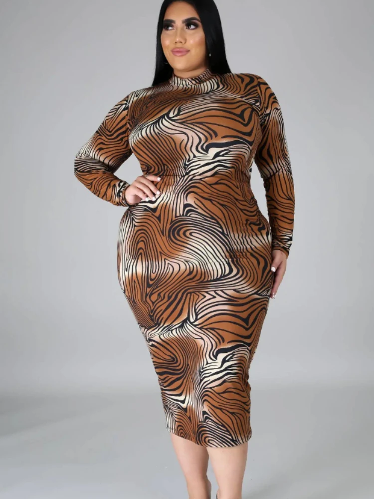 Plus size 5XL Tiger Stripes Women Bodycon Dresses Long Sleeve Stand Collar Skinny Midi robes Fashion Ladies Evening Party Sheath