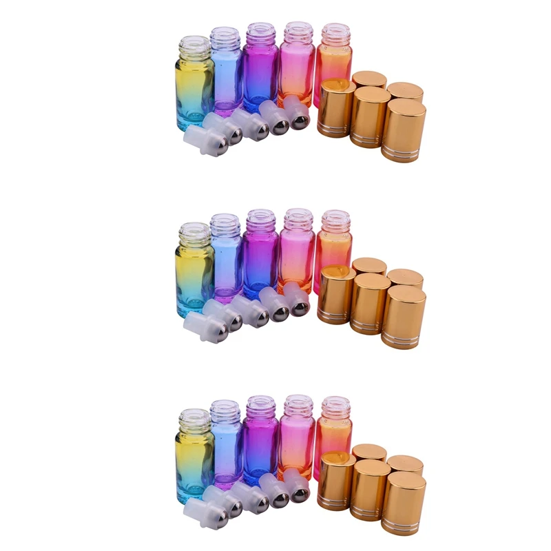 

15Pcs 5Ml Thick Glass Roll On Essential Oil Empty Parfum Bottles Roller Ball 5 Colors Bottle With Gold Cover