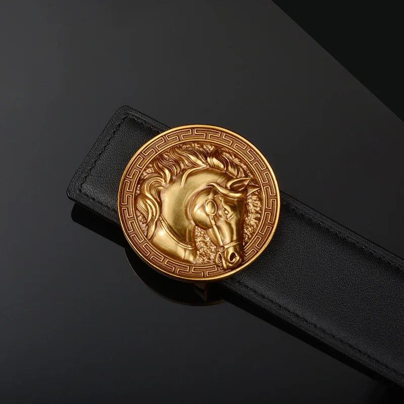 

European and American men's pure brass horse head genuine leather vintage belt