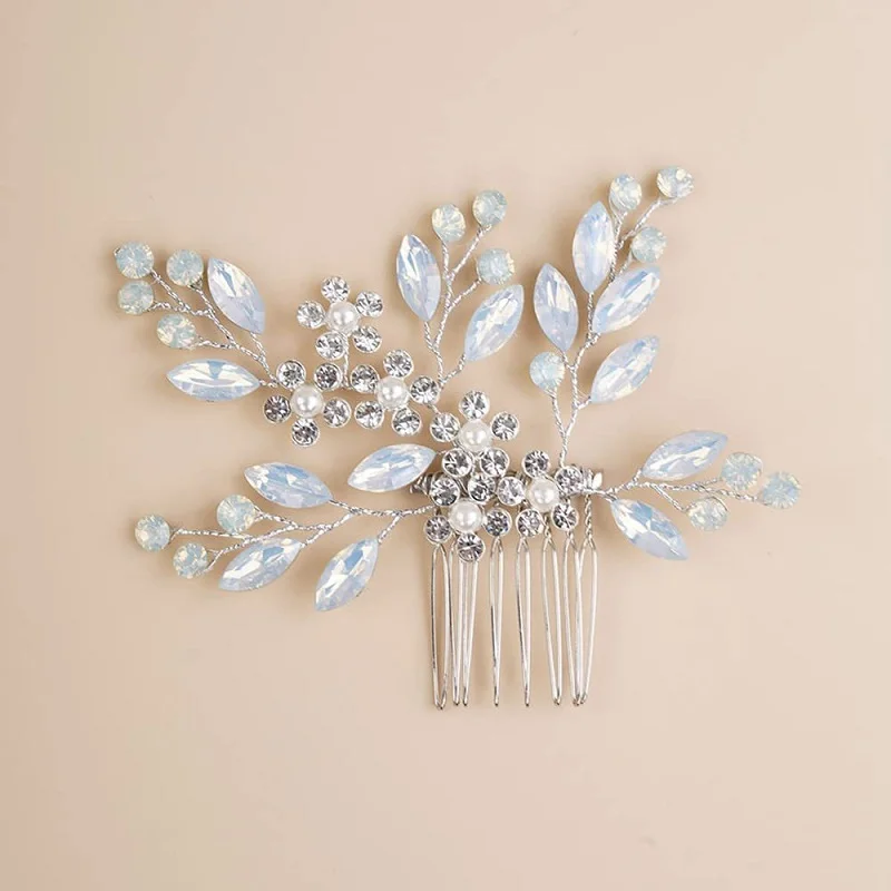 

Floralbride Handmade Alloy Opal Crystal Rhinestones Flower Leaf Bridal Hair comb Wedding Headpieces Women Girls Hair Jewelry