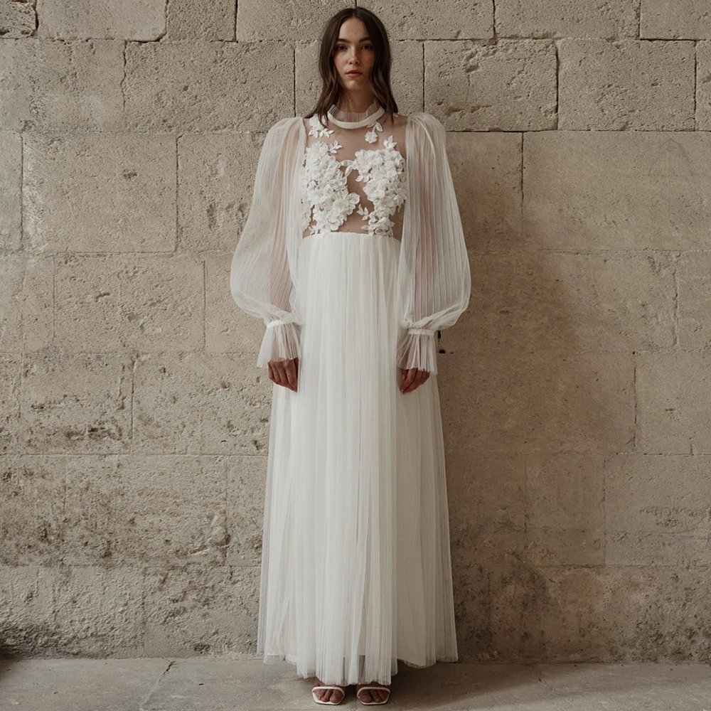 

Illusion Wedding Dress 2022 Long Sleeves Pleated Tulle Ivory Wedding Gown For Bride High Collar Ankle Length Boho Bridal Dresses