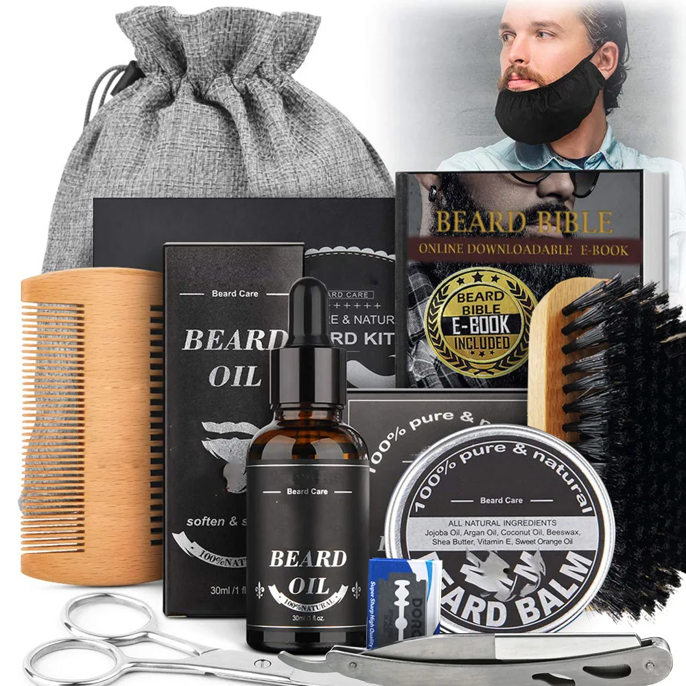 

Men's Beard Growth Kit Beard Razor Beard Balm Double-Sided Comb Beard Cream Beard Oil Scissors Beard Hair Enhance Beard Care Kit