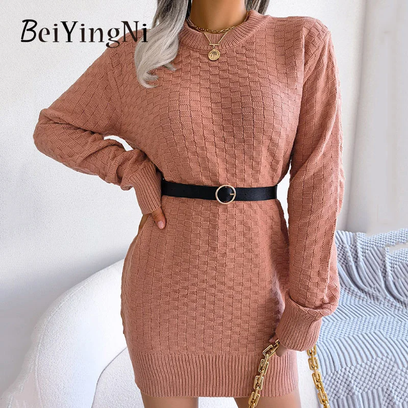 

Осенне-зимние женские платья Beiyingni, вязаное клетчатое мини-платье с круглым вырезом и длинным рукавом, прямое повседневное свободное розово...