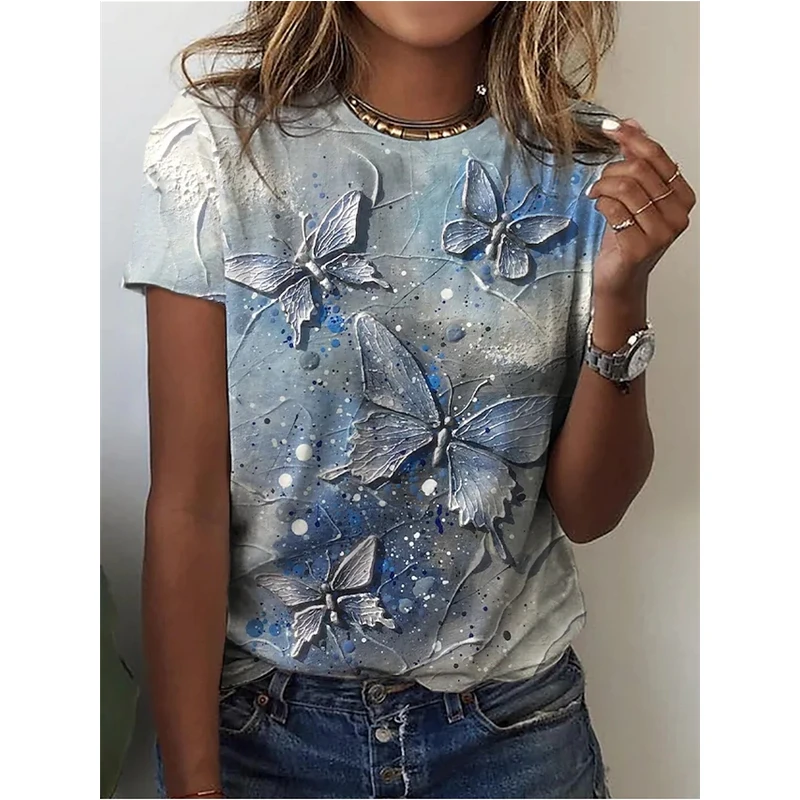 

3D Printing Short Sleeve T-Shirt Floral Butterfly Print Casual Dress 2022 Summer Women's Round Neck Short Sleeve Clothing