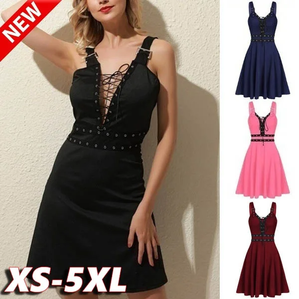 

Women's Gothic Punk Sleeveless Strap Sling Dress Elegant Strap Backless Sexy Party Strapless Dress