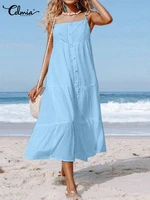 celmia casual straps a line midi sundress women sleeveless holiday dress 2022 summer multilayer gathers buttons beach vestidos