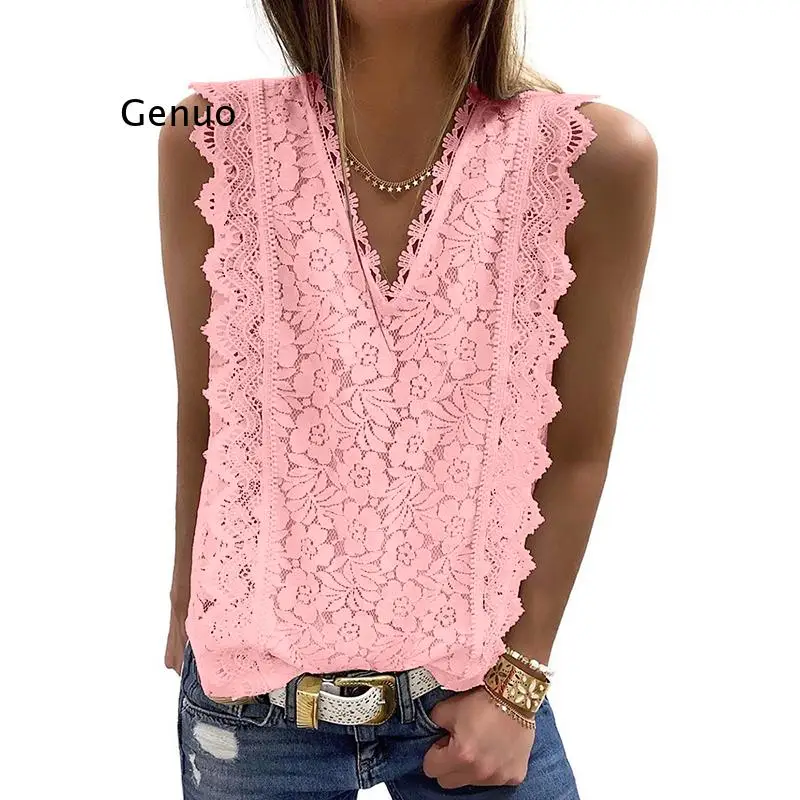 

Summer Lace Sleeveless Solid T Shirt Women Fashion Sexy Shirt Hollow Party V-Neck Casual Shirt Tees Hot Tanks Top