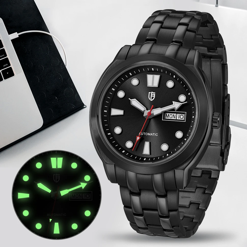

BERNY Automatic Mechanical Wristwatch Men Citizen 8217 Sapphire Stainless Steel Waterproof Luminous Gold Day Date Watch for Men