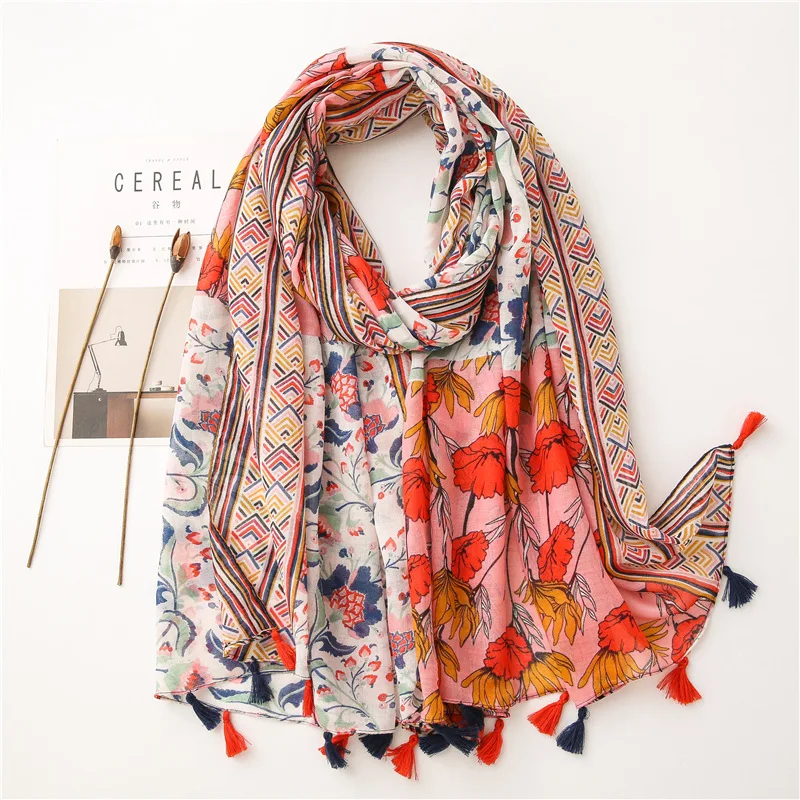 

Yitao Scarf New Cotton and Linen Scarf Women's Korean-Style Versatile Pink Totem Ethnic Style Shawl Scarf Beach Towel