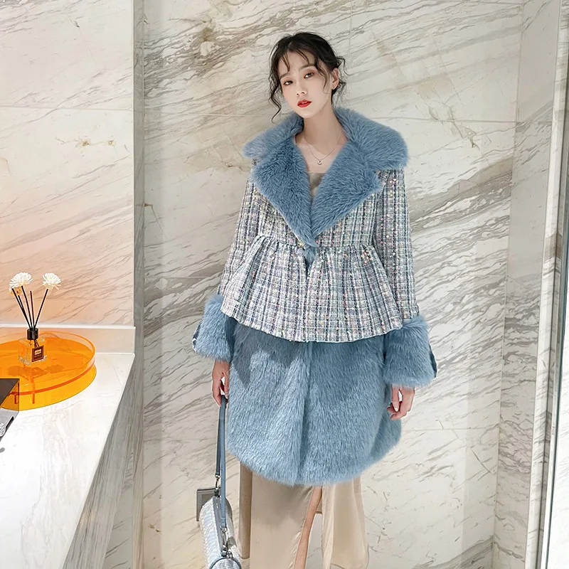 Faux Fur Coat Women 2022 Winter Patchwork Sequins Long Tweed Jackets Female Casual Elegant Loose Turn Down Collar Blue Outwear