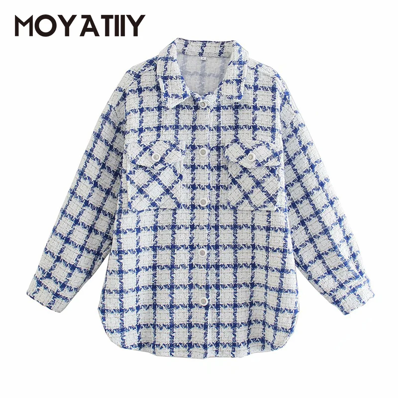 

MOYATIIY Women Fashion New Arrival Autumn Jackets Elegant Blue White Plaid Pattern Thin Jacket Coats with Large Pockets