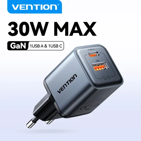 Зарядное устройство Vention GaN 30W PD QC3.0 для быстрой зарядки телефонов iPhone 17 16 15 Pro Max, Samsung, Xiaomi, iPad, быстрое зарядное устройство USB-C