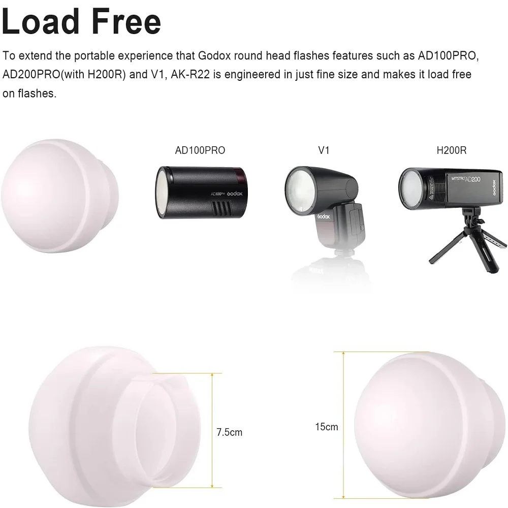 Фото Mcoplus AK-R22 Складной диффузионный купольный диффузор вспышки для Godox V1 V1Pro V100 AD100Pro с круглой головкой вспышки AD200Pro (с H200R) №5