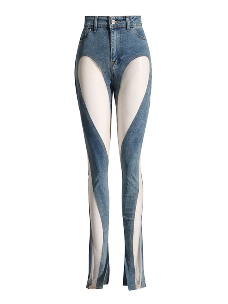 

HIGH STREET Newest 2023 Fashion Designer Pants Women Sexy Hollow Out Irregular Patchwork Jeans