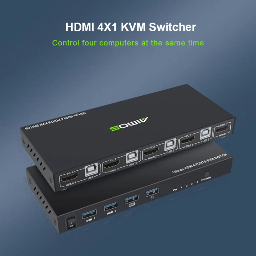 

AIMOS HDMI KVM Switch with Hub Function, USB 4 Port Computer Keyboard Mouse Switch Box Support 4K for Laptop, PC, Xbox HDTV