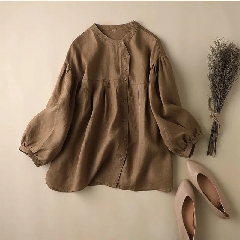 

Solid Cotton LInen Women Shirts Summer Vintage 2022 O-Neck Lantern Solid Loose Oversized Lightweight Female Outwear Coats Tops