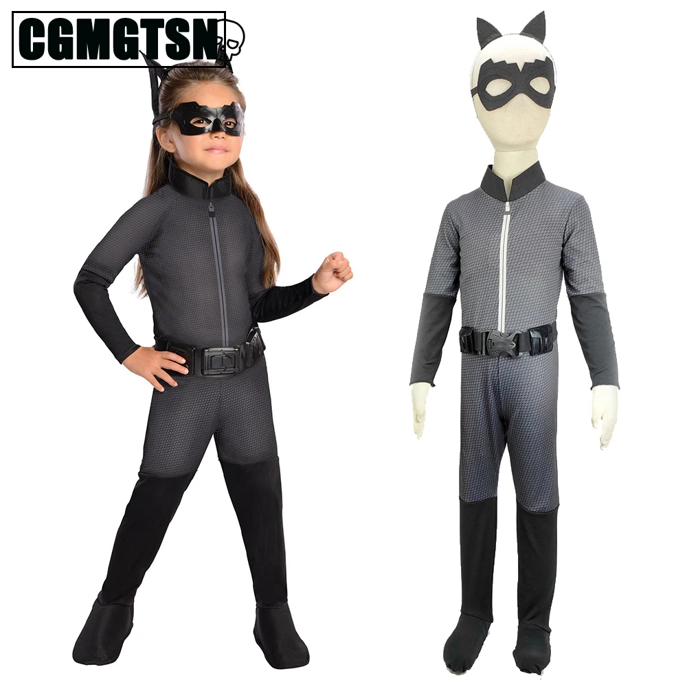 

CGMGTSN Kids Catwoman Costume Lady Black Cat Jumpsuit With Mask Headwear Suits Halloween Christmas Party Dress Up
