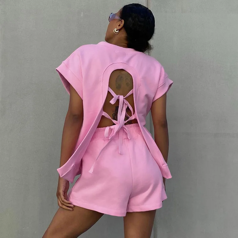 Biker Two Piece Set Backless Solid Color Streetwear Sportsuit Clothes For Women Outfit Casaul Women Tracksuit