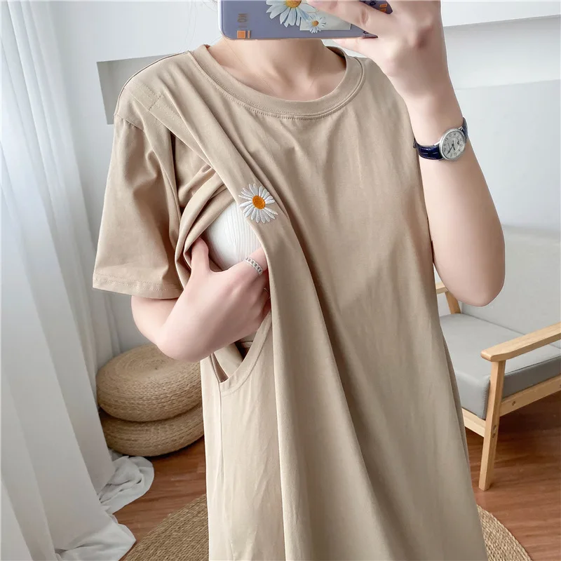 

Small Daisy Embroidery Simple Breastfeeding Dress Home Clothes For Women Summer Long Shirt Maternity Clothes Pregnant Clothe9081