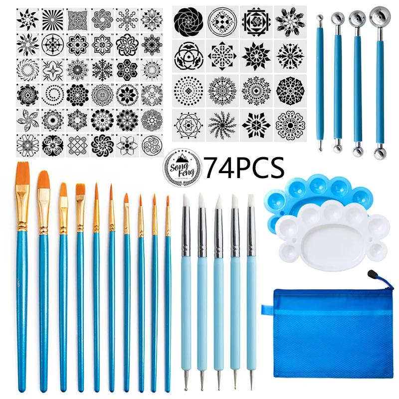 

Mandala tool 74 pieces set painting template rock graffiti mold ticking brush color plate ball stick