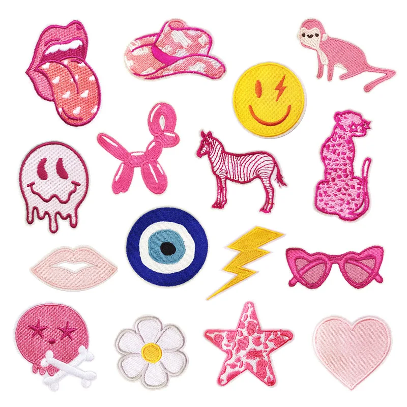 Симпатичные розовые предметы вышивка утюгом патч молния Улыбка лицо значок губы