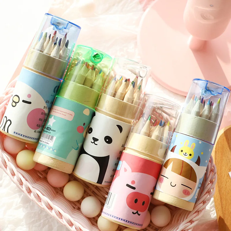 

Children's Colored Pencil Set Korean Kawaii Stationery Barrels 12 Color Pencils Coloring Crayons for Kids Painting Art Supplies