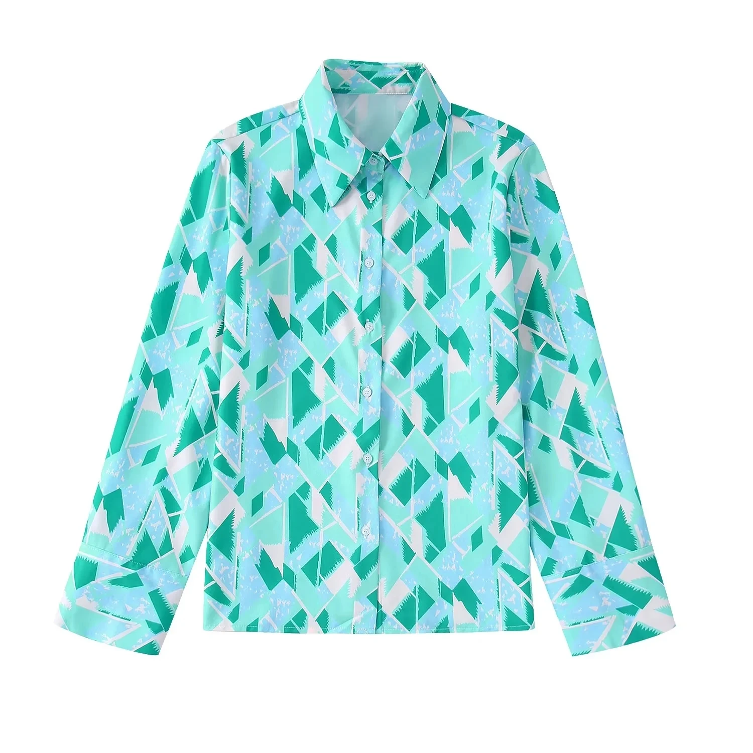 

Huaxiafan Women's Fashion Front Buttons Vintage Printed Blouses Long Sleeve Geometric Pattern Women's Shirts Chic Blouses