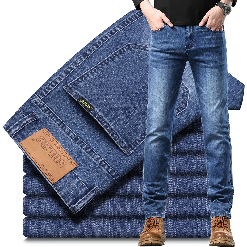 

2023 Брендовые мужские классические брюки Sulee в уличном стиле, деловые повседневные синие и серые эластичные хлопковые джинсы-Карго