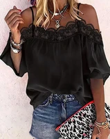 women summer blouse sexy shirts casual contrast lace cold shoulder top female spaghetti strap blouses 2022 new fashion clothes